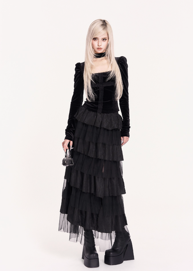 gothic lace patchwork top, dark square neck blouse, cross detail gothic top, velvet gothic puff sleeve top, VOCK dark romantic style, black lace gothic fashion, gothic aristocrat top, punk gothic blouse, dark street gothwear, square neck velvet top, black cross patch top, gothic puff sleeve shirt, feminine darkwear, VOCK aesthetic clothing, gothic lace velvet top, midnight gothic blouse, elegant dark goth style, gothic girl outfit top