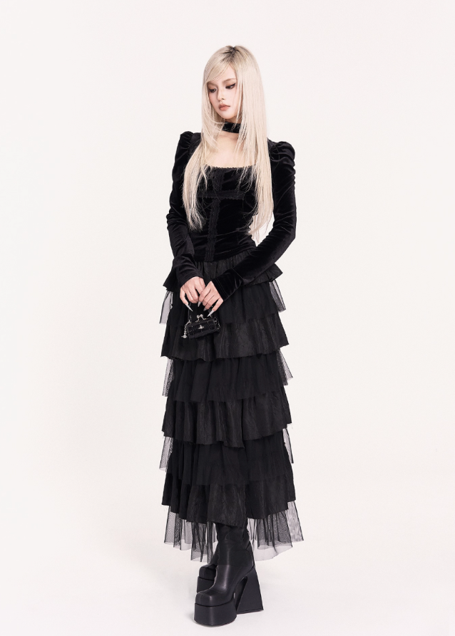 gothic lace patchwork top, dark square neck blouse, cross detail gothic top, velvet gothic puff sleeve top, VOCK dark romantic style, black lace gothic fashion, gothic aristocrat top, punk gothic blouse, dark street gothwear, square neck velvet top, black cross patch top, gothic puff sleeve shirt, feminine darkwear, VOCK aesthetic clothing, gothic lace velvet top, midnight gothic blouse, elegant dark goth style, gothic girl outfit top