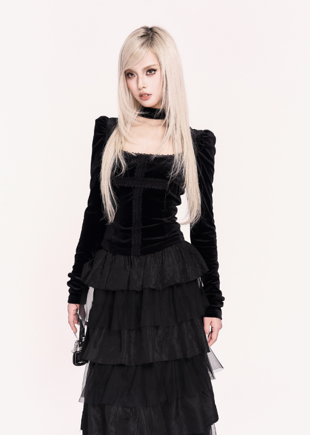 gothic lace patchwork top, dark square neck blouse, cross detail gothic top, velvet gothic puff sleeve top, VOCK dark romantic style, black lace gothic fashion, gothic aristocrat top, punk gothic blouse, dark street gothwear, square neck velvet top, black cross patch top, gothic puff sleeve shirt, feminine darkwear, VOCK aesthetic clothing, gothic lace velvet top, midnight gothic blouse, elegant dark goth style, gothic girl outfit top