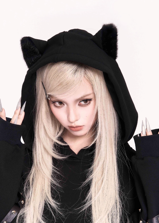 black cat ear hoodie, gothic cat hoodie, VOCK dark streetwear, oversized plush hooded sweatshirt, punk kawaii cat ear top, oversized black hoodie girl, dark cute street style, goth plush hoodie, edgy oversized sweatshirt, cat ear streetcore hoodie, VOCK aesthetic clothing, unisex gothic hoodie, Japanese dark cute fashion, black lazy hoodie, gothic girl oversized top, punk cat ear fashion, warm plush black hoodie, darkwear hoodie girl