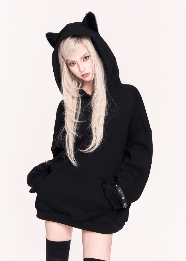 black cat ear hoodie, gothic cat hoodie, VOCK dark streetwear, oversized plush hooded sweatshirt, punk kawaii cat ear top, oversized black hoodie girl, dark cute street style, goth plush hoodie, edgy oversized sweatshirt, cat ear streetcore hoodie, VOCK aesthetic clothing, unisex gothic hoodie, Japanese dark cute fashion, black lazy hoodie, gothic girl oversized top, punk cat ear fashion, warm plush black hoodie, darkwear hoodie girl