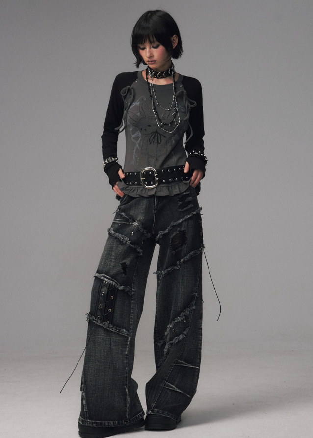 Fragileheart distressed jeans, lace-up denim pants, streetpunk fashion, raw edge wide-leg jeans, washed frayed denim, Y2K grunge jeans, heavy work jeans women, vintage street style pants, edgy Korean fashion, deconstructed denim