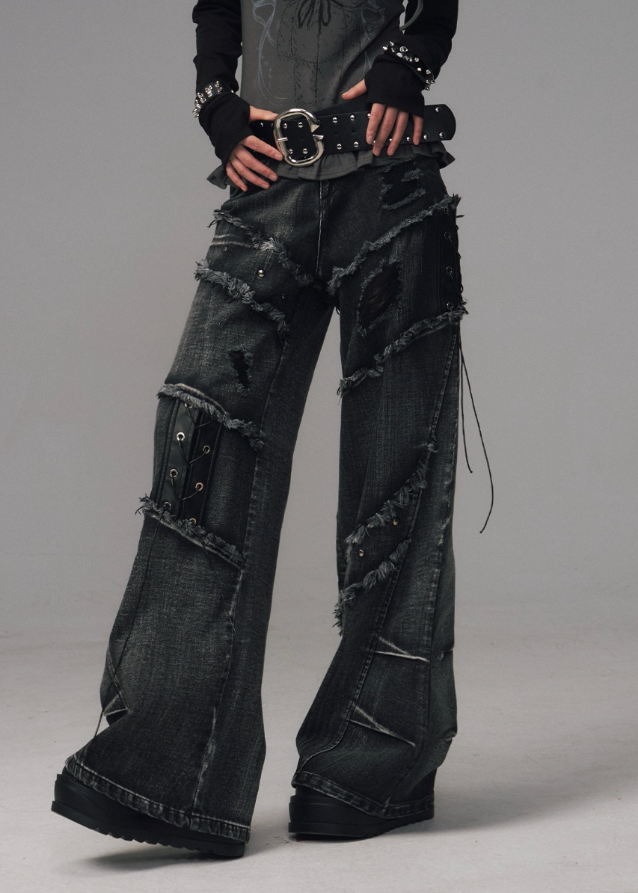 Fragileheart distressed jeans, lace-up denim pants, streetpunk fashion, raw edge wide-leg jeans, washed frayed denim, Y2K grunge jeans, heavy work jeans women, vintage street style pants, edgy Korean fashion, deconstructed denim