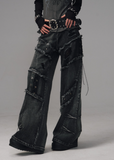 Fragileheart distressed jeans, lace-up denim pants, streetpunk fashion, raw edge wide-leg jeans, washed frayed denim, Y2K grunge jeans, heavy work jeans women, vintage street style pants, edgy Korean fashion, deconstructed denim