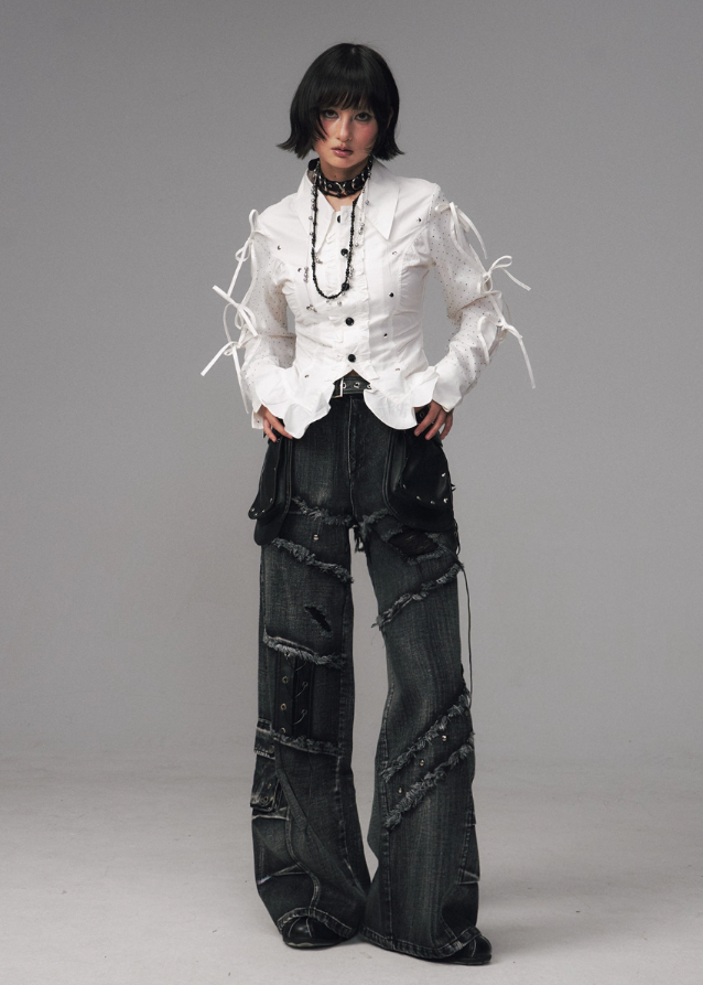 Fragileheart distressed jeans, lace-up denim pants, streetpunk fashion, raw edge wide-leg jeans, washed frayed denim, Y2K grunge jeans, heavy work jeans women, vintage street style pants, edgy Korean fashion, deconstructed denim