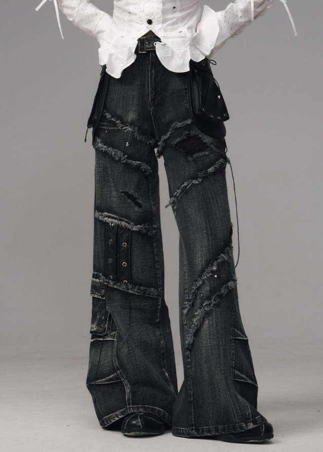 Fragileheart distressed jeans, lace-up denim pants, streetpunk fashion, raw edge wide-leg jeans, washed frayed denim, Y2K grunge jeans, heavy work jeans women, vintage street style pants, edgy Korean fashion, deconstructed denim