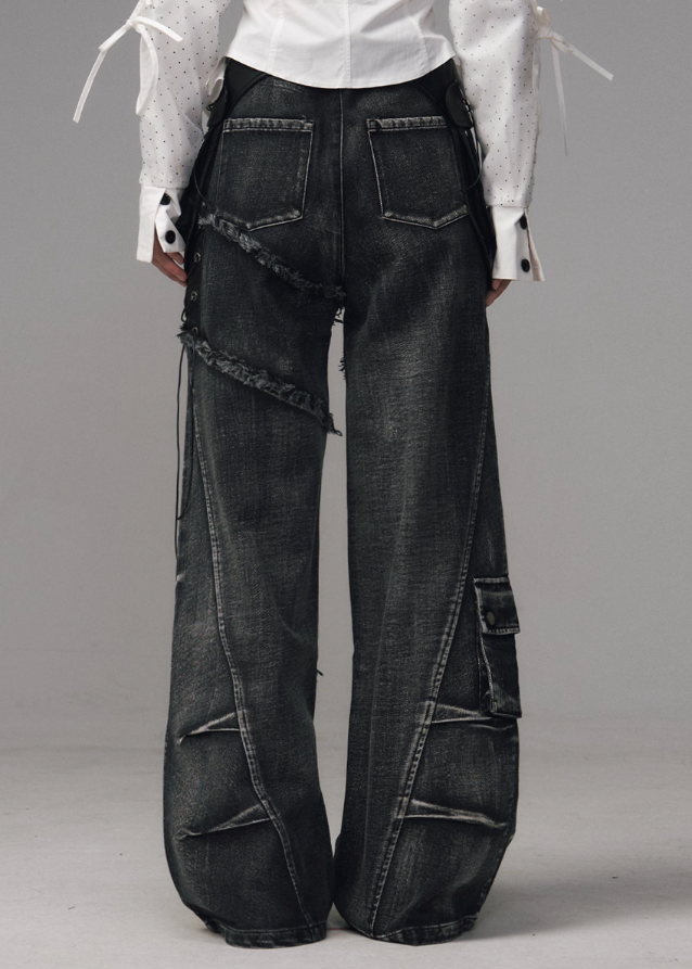 Fragileheart distressed jeans, lace-up denim pants, streetpunk fashion, raw edge wide-leg jeans, washed frayed denim, Y2K grunge jeans, heavy work jeans women, vintage street style pants, edgy Korean fashion, deconstructed denim