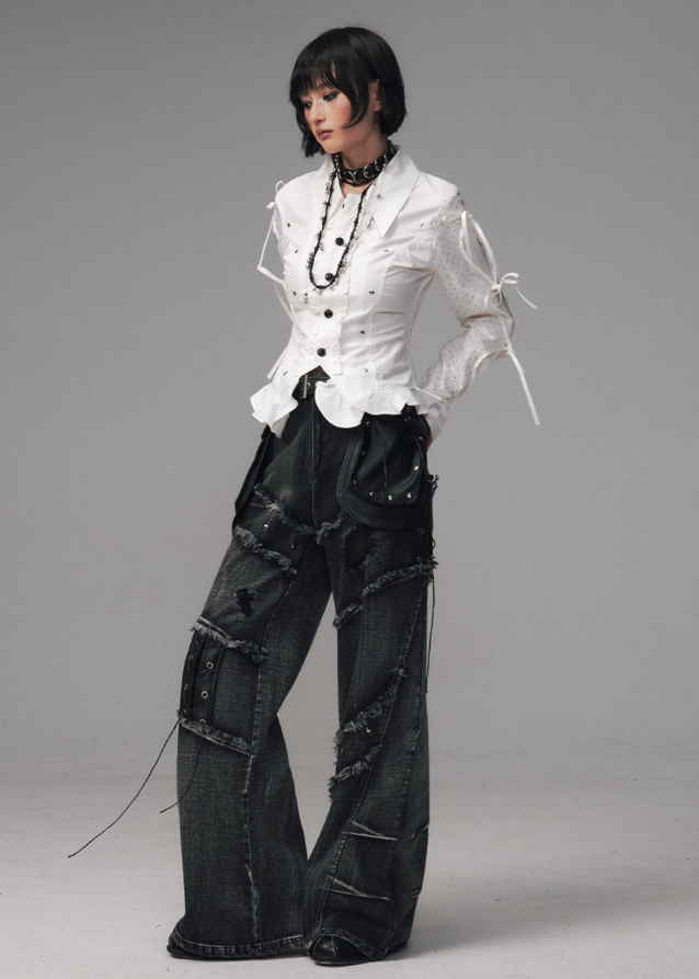 Fragileheart distressed jeans, lace-up denim pants, streetpunk fashion, raw edge wide-leg jeans, washed frayed denim, Y2K grunge jeans, heavy work jeans women, vintage street style pants, edgy Korean fashion, deconstructed denim