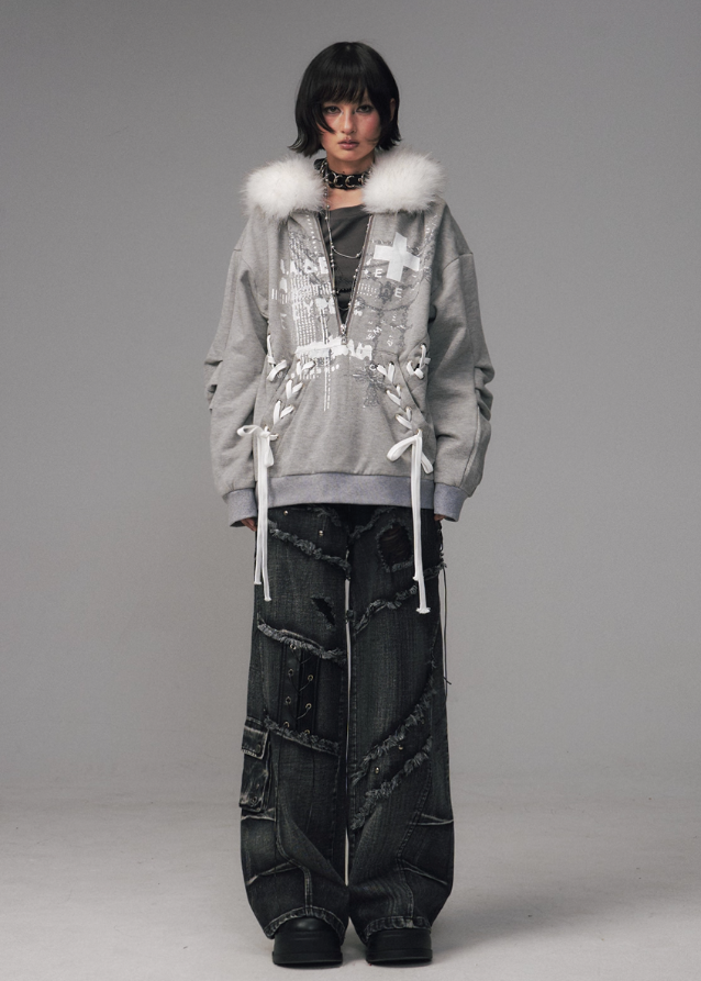 faux fur collar hoodie, detachable fur hood sweatshirt, lace-up streetwear hoodie, punk graphic hoodie, distressed print hoodie, winter oversized fleece jacket, edgy asian street style hoodie, grunge lace-up sweatshirt, FRAGILEHEART hoodie, women’s fur trim sweatshirt, urban punk winter top, grey graphic hoodie women, y2k fur hood jacket