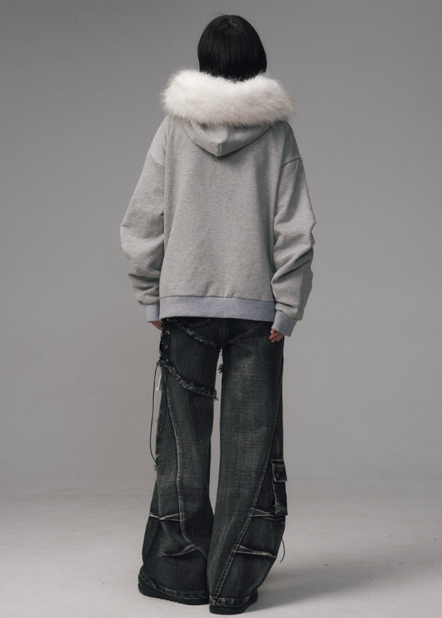 faux fur collar hoodie, detachable fur hood sweatshirt, lace-up streetwear hoodie, punk graphic hoodie, distressed print hoodie, winter oversized fleece jacket, edgy asian street style hoodie, grunge lace-up sweatshirt, FRAGILEHEART hoodie, women’s fur trim sweatshirt, urban punk winter top, grey graphic hoodie women, y2k fur hood jacket