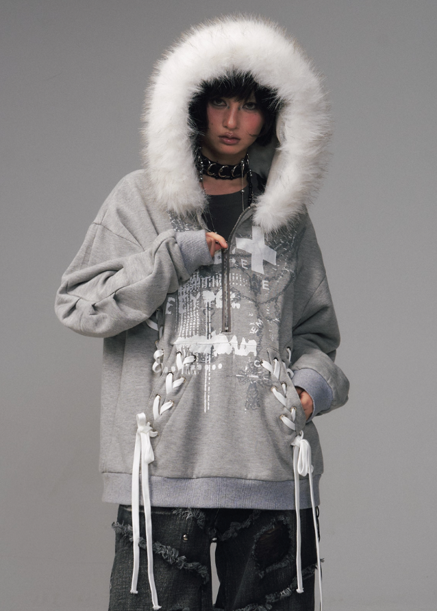 faux fur collar hoodie, detachable fur hood sweatshirt, lace-up streetwear hoodie, punk graphic hoodie, distressed print hoodie, winter oversized fleece jacket, edgy asian street style hoodie, grunge lace-up sweatshirt, FRAGILEHEART hoodie, women’s fur trim sweatshirt, urban punk winter top, grey graphic hoodie women, y2k fur hood jacket