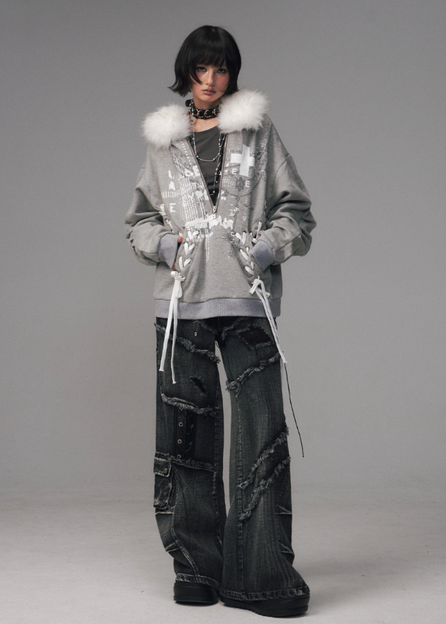 faux fur collar hoodie, detachable fur hood sweatshirt, lace-up streetwear hoodie, punk graphic hoodie, distressed print hoodie, winter oversized fleece jacket, edgy asian street style hoodie, grunge lace-up sweatshirt, FRAGILEHEART hoodie, women’s fur trim sweatshirt, urban punk winter top, grey graphic hoodie women, y2k fur hood jacket