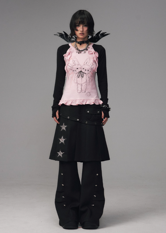 shadow lace top, gothic bow print shirt, dark lace graphic tee, street punk knit top, slim long sleeve t-shirt women, FRAGILEHEART top, asian inspired lace print top, charcoal gothic tee, edgy knit base layer, bow lace long sleeve shirt