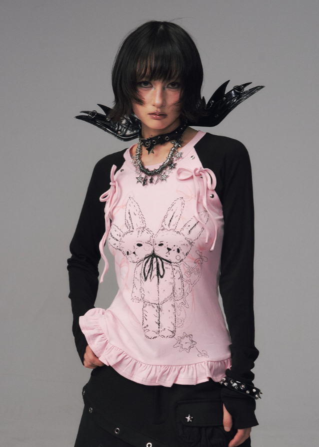 shadow lace top, gothic bow print shirt, dark lace graphic tee, street punk knit top, slim long sleeve t-shirt women, FRAGILEHEART top, asian inspired lace print top, charcoal gothic tee, edgy knit base layer, bow lace long sleeve shirt