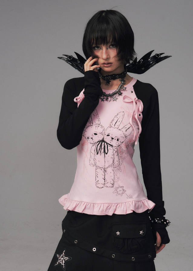 shadow lace top, gothic bow print shirt, dark lace graphic tee, street punk knit top, slim long sleeve t-shirt women, FRAGILEHEART top, asian inspired lace print top, charcoal gothic tee, edgy knit base layer, bow lace long sleeve shirt