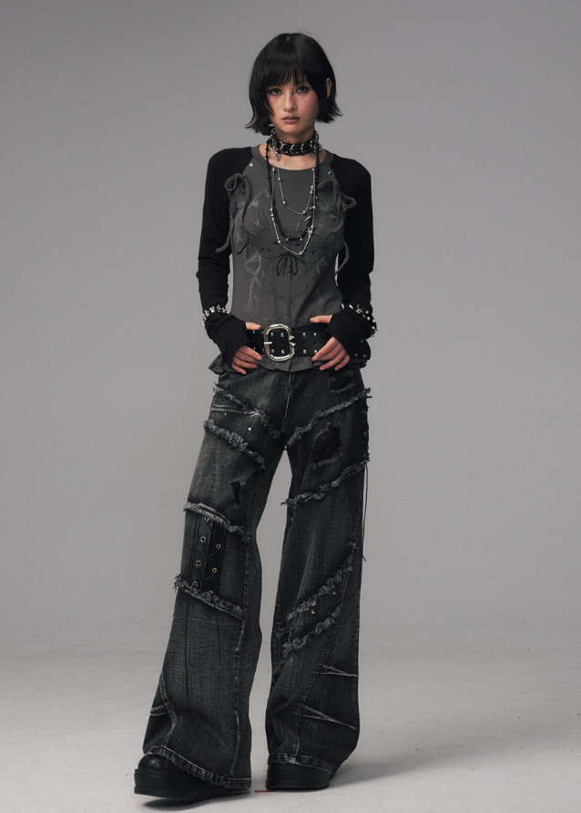 shadow lace top, gothic bow print shirt, dark lace graphic tee, street punk knit top, slim long sleeve t-shirt women, FRAGILEHEART top, asian inspired lace print top, charcoal gothic tee, edgy knit base layer, bow lace long sleeve shirt