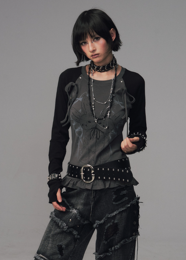 shadow lace top, gothic bow print shirt, dark lace graphic tee, street punk knit top, slim long sleeve t-shirt women, FRAGILEHEART top, asian inspired lace print top, charcoal gothic tee, edgy knit base layer, bow lace long sleeve shirt