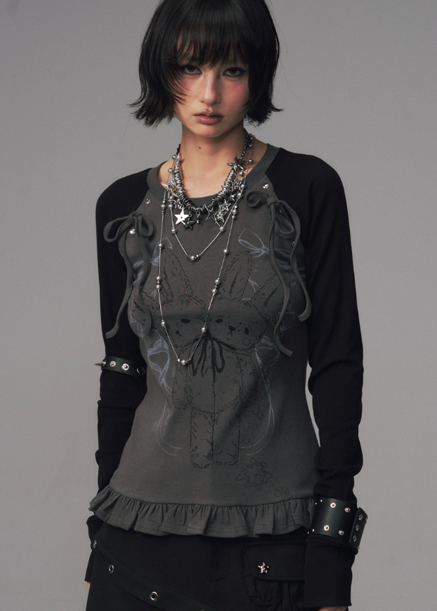 shadow lace top, gothic bow print shirt, dark lace graphic tee, street punk knit top, slim long sleeve t-shirt women, FRAGILEHEART top, asian inspired lace print top, charcoal gothic tee, edgy knit base layer, bow lace long sleeve shirt