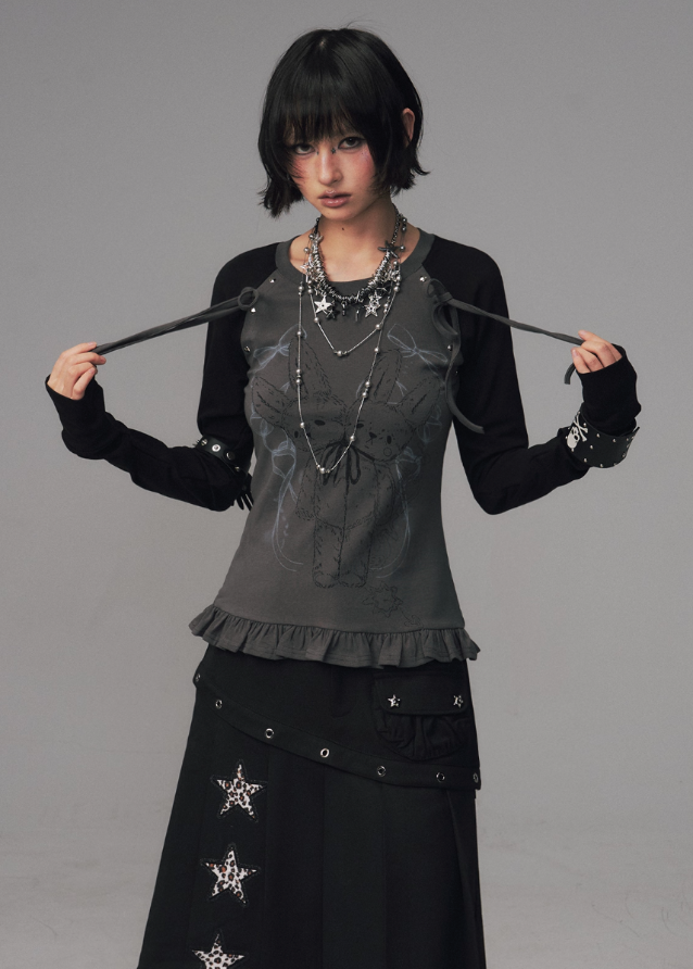 shadow lace top, gothic bow print shirt, dark lace graphic tee, street punk knit top, slim long sleeve t-shirt women, FRAGILEHEART top, asian inspired lace print top, charcoal gothic tee, edgy knit base layer, bow lace long sleeve shirt