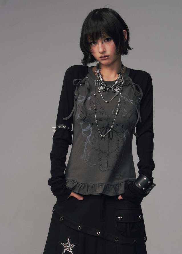 shadow lace top, gothic bow print shirt, dark lace graphic tee, street punk knit top, slim long sleeve t-shirt women, FRAGILEHEART top, asian inspired lace print top, charcoal gothic tee, edgy knit base layer, bow lace long sleeve shirt