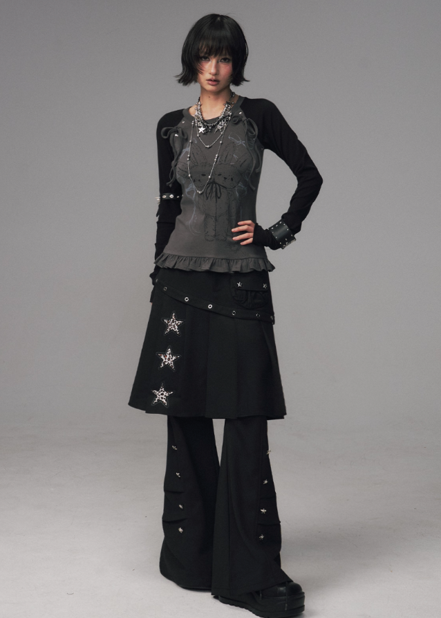 shadow lace top, gothic bow print shirt, dark lace graphic tee, street punk knit top, slim long sleeve t-shirt women, FRAGILEHEART top, asian inspired lace print top, charcoal gothic tee, edgy knit base layer, bow lace long sleeve shirt