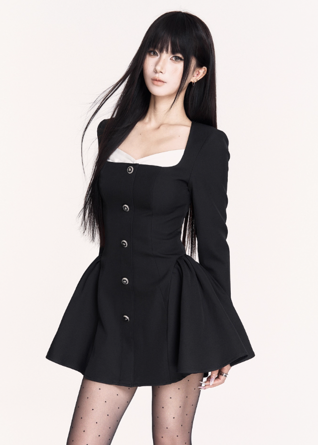 gothic little black dress, VOCK dark elegance dress, French square neck mini dress, slimming waist puff skirt dress, gothic Hepburn-style dress, dark femme structured dress, black puff skirt mini, VOCK aesthetic LBD, gothic contour dress, French temperament black dress, waist-cinched mini dress, elegant dark street fashion, gothic chic mini dress, square neck black mini, aristocratic gothic outfit