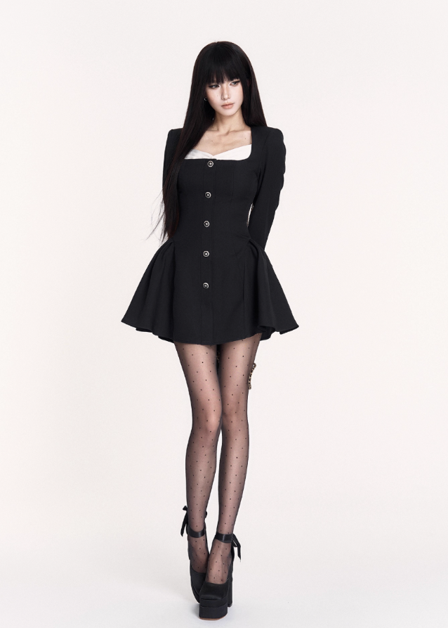gothic little black dress, VOCK dark elegance dress, French square neck mini dress, slimming waist puff skirt dress, gothic Hepburn-style dress, dark femme structured dress, black puff skirt mini, VOCK aesthetic LBD, gothic contour dress, French temperament black dress, waist-cinched mini dress, elegant dark street fashion, gothic chic mini dress, square neck black mini, aristocratic gothic outfit
