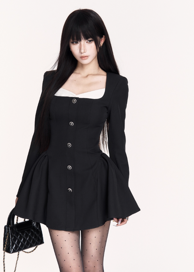 gothic little black dress, VOCK dark elegance dress, French square neck mini dress, slimming waist puff skirt dress, gothic Hepburn-style dress, dark femme structured dress, black puff skirt mini, VOCK aesthetic LBD, gothic contour dress, French temperament black dress, waist-cinched mini dress, elegant dark street fashion, gothic chic mini dress, square neck black mini, aristocratic gothic outfit