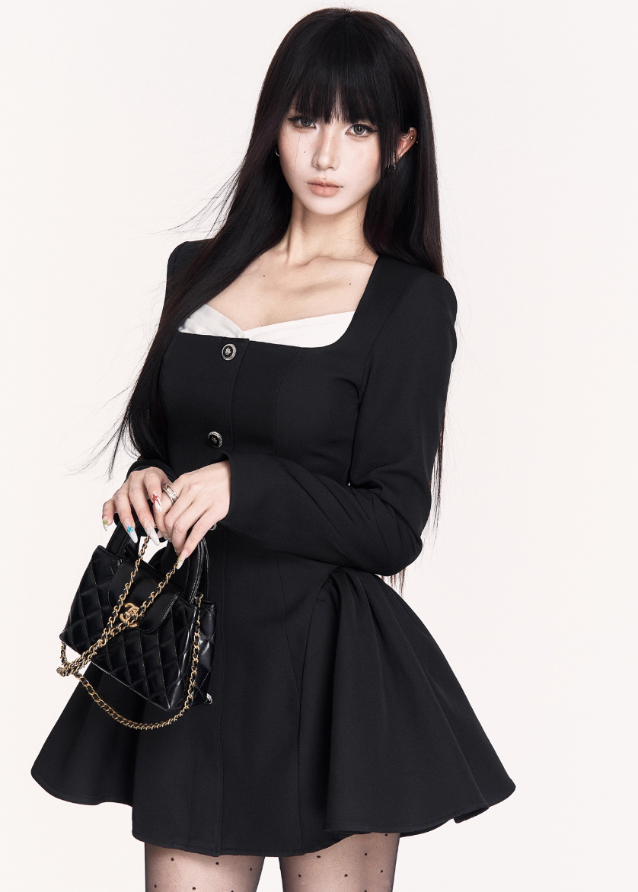 gothic little black dress, VOCK dark elegance dress, French square neck mini dress, slimming waist puff skirt dress, gothic Hepburn-style dress, dark femme structured dress, black puff skirt mini, VOCK aesthetic LBD, gothic contour dress, French temperament black dress, waist-cinched mini dress, elegant dark street fashion, gothic chic mini dress, square neck black mini, aristocratic gothic outfit
