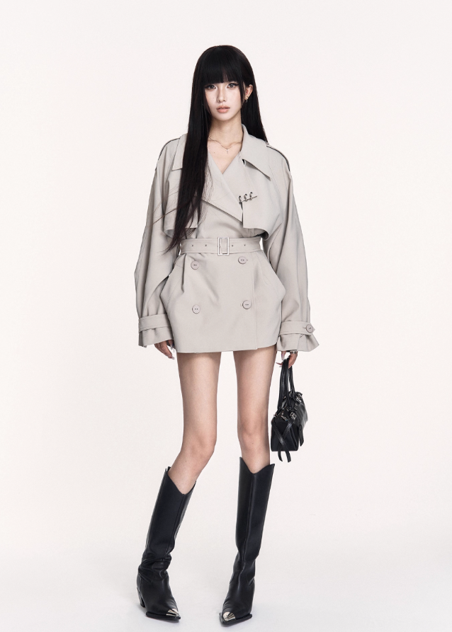 VOCK trench coat, gothic short trench, waist-slim British coat, dark femme street coat, autumn winter trench mini, structured lapel jacket, belted short trench coat, VOCK aesthetic outerwear, dark British style coat, waist-cinched street jacket, edgy tailored coat, gothic streetwear jacket, classic trench short coat, dark fashion archive coat, high-fashion punk coat, British officer style coat, elegant darkwear trench mini