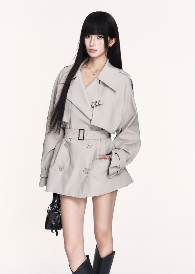 VOCK trench coat, gothic short trench, waist-slim British coat, dark femme street coat, autumn winter trench mini, structured lapel jacket, belted short trench coat, VOCK aesthetic outerwear, dark British style coat, waist-cinched street jacket, edgy tailored coat, gothic streetwear jacket, classic trench short coat, dark fashion archive coat, high-fashion punk coat, British officer style coat, elegant darkwear trench mini