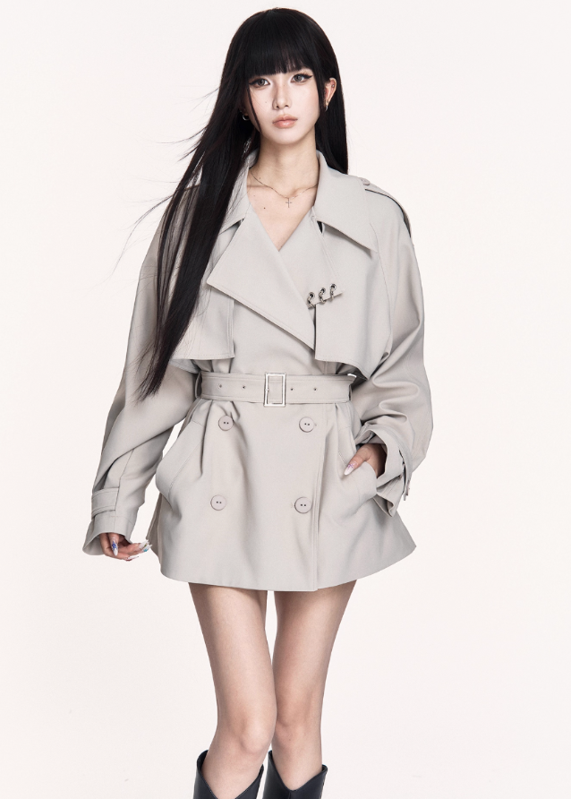 VOCK trench coat, gothic short trench, waist-slim British coat, dark femme street coat, autumn winter trench mini, structured lapel jacket, belted short trench coat, VOCK aesthetic outerwear, dark British style coat, waist-cinched street jacket, edgy tailored coat, gothic streetwear jacket, classic trench short coat, dark fashion archive coat, high-fashion punk coat, British officer style coat, elegant darkwear trench mini