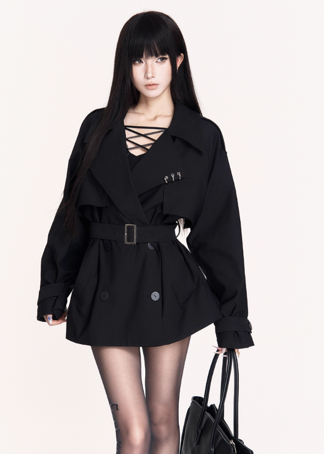 VOCK trench coat, gothic short trench, waist-slim British coat, dark femme street coat, autumn winter trench mini, structured lapel jacket, belted short trench coat, VOCK aesthetic outerwear, dark British style coat, waist-cinched street jacket, edgy tailored coat, gothic streetwear jacket, classic trench short coat, dark fashion archive coat, high-fashion punk coat, British officer style coat, elegant darkwear trench mini