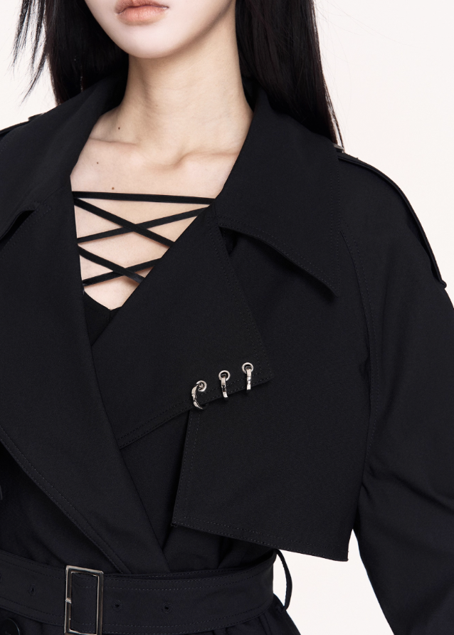 VOCK trench coat, gothic short trench, waist-slim British coat, dark femme street coat, autumn winter trench mini, structured lapel jacket, belted short trench coat, VOCK aesthetic outerwear, dark British style coat, waist-cinched street jacket, edgy tailored coat, gothic streetwear jacket, classic trench short coat, dark fashion archive coat, high-fashion punk coat, British officer style coat, elegant darkwear trench mini