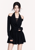 black halter knit dress, dark off shoulder mini dress, VOCK autumn winter dress, slimming elastic knit dress, draped halterneck mini, gothic dark femme dress, contour knit long sleeve dress, black drape collar dress, edgy dark street dress, halter off shoulder knit, VOCK aesthetic clothing, winter black mini dress, gothic slim waist dress, dark elegant halter dress, streetcore knit bodycon dress