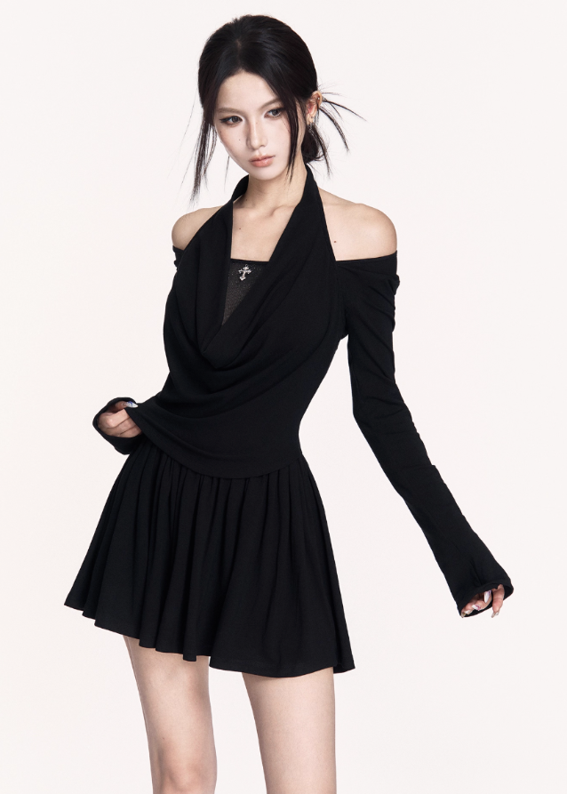black halter knit dress, dark off shoulder mini dress, VOCK autumn winter dress, slimming elastic knit dress, draped halterneck mini, gothic dark femme dress, contour knit long sleeve dress, black drape collar dress, edgy dark street dress, halter off shoulder knit, VOCK aesthetic clothing, winter black mini dress, gothic slim waist dress, dark elegant halter dress, streetcore knit bodycon dress