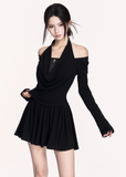 black halter knit dress, dark off shoulder mini dress, VOCK autumn winter dress, slimming elastic knit dress, draped halterneck mini, gothic dark femme dress, contour knit long sleeve dress, black drape collar dress, edgy dark street dress, halter off shoulder knit, VOCK aesthetic clothing, winter black mini dress, gothic slim waist dress, dark elegant halter dress, streetcore knit bodycon dress