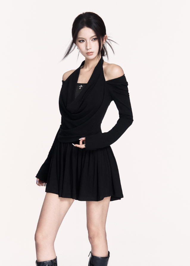 black halter knit dress, dark off shoulder mini dress, VOCK autumn winter dress, slimming elastic knit dress, draped halterneck mini, gothic dark femme dress, contour knit long sleeve dress, black drape collar dress, edgy dark street dress, halter off shoulder knit, VOCK aesthetic clothing, winter black mini dress, gothic slim waist dress, dark elegant halter dress, streetcore knit bodycon dress