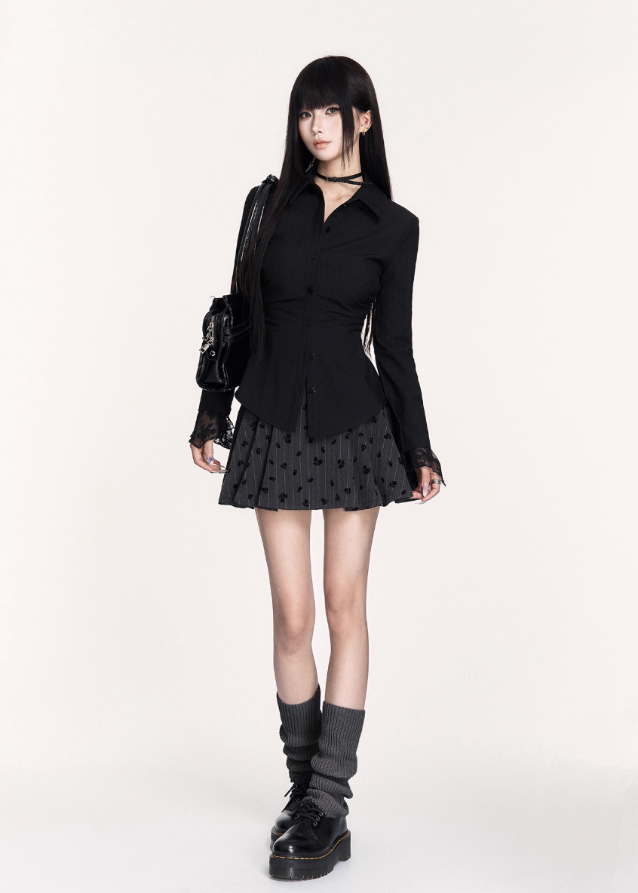 dark academia shirt, gothic fitted blouse, waist cinched long sleeve top, VOCK college girl style, lace cuff black shirt, slimming waist shirt top, dark street academia fashion, gothic office shirt, striped lace detail blouse, VOCK aesthetic clothing, sharp waist fitted top, gothic girly shirt, black button up darkwear, edgy college outfit top, dark feminine blouse