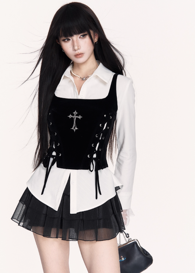 white slimming shirt, gothic academia blouse, VOCK fitted white shirt, Japanese college style top, waist-cinched commuter shirt, dark schoolgirl aesthetic top, lace cuff white shirt, sharp waist structured shirt, VOCK aesthetic clothing, edgy white button-down, dark feminine office shirt, Japanese uniform style blouse, fitted white long sleeve top, cool girl academy shirt, waist slimming white shirt