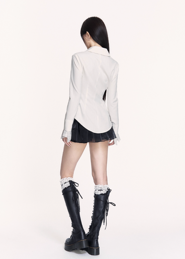 white slimming shirt, gothic academia blouse, VOCK fitted white shirt, Japanese college style top, waist-cinched commuter shirt, dark schoolgirl aesthetic top, lace cuff white shirt, sharp waist structured shirt, VOCK aesthetic clothing, edgy white button-down, dark feminine office shirt, Japanese uniform style blouse, fitted white long sleeve top, cool girl academy shirt, waist slimming white shirt