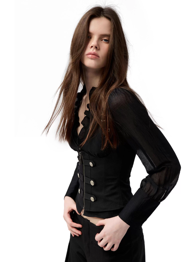 black ruffle shirt set, corset vest two-piece top, 4muggle stylish outfit, urban chic black shirt, slim waist corset top, modern edgy girl style, layered black top set, ruffle neckline shirt, fashion streetwear set, city girl stylish outfit, slimming corset shirt, trendy black two-piece, editorial street fashion, dark chic women’s top
