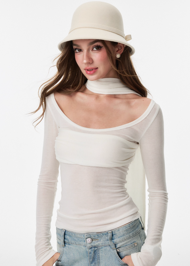 halter scarf top, integrated halterneck tee, 4muggle stylish top, pure desire long sleeve, slim knit T-shirt, trendy city girl outfit, gentle paper man top, chic halter long sleeve, Korean fashion long sleeve, stylish knit tee, modern street chic top, soft slim fit halter top, urban girl fashion, minimal chic long sleeve