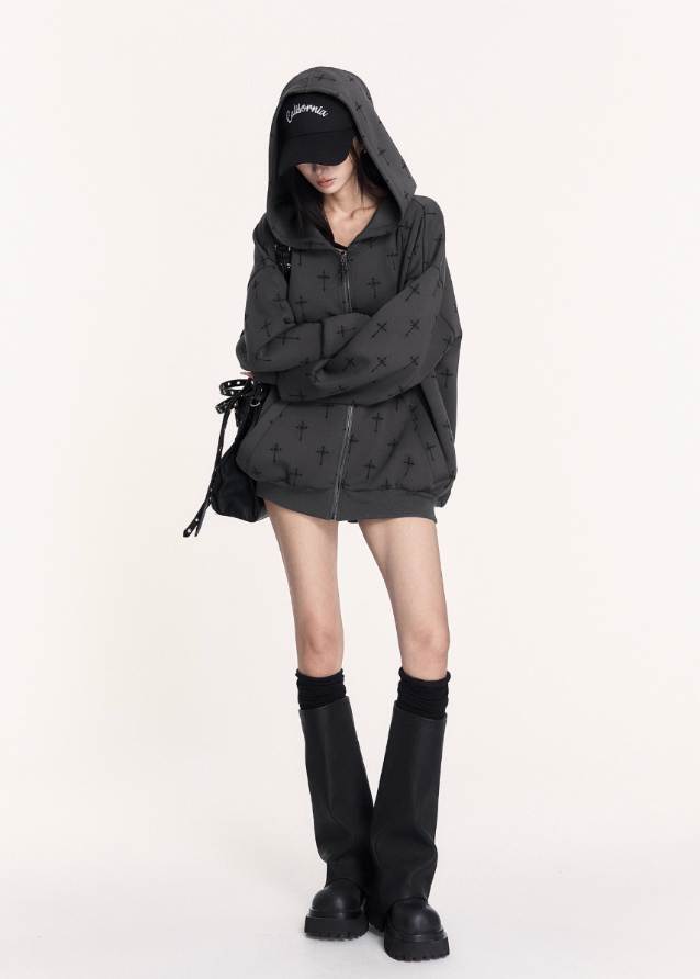 gothic hoodie set, cross print two piece outfit, VOCK streetwear set, dark casual sports set, oversized hoodie and shorts, lazy hot girl street style, gothic print hoodie, punk wide leg shorts set, dark street fashion, unisex dark hoodie set, VOCK aesthetic outfit, casual goth twinset, streetcore sporty set, grunge hoodie and shorts, black printed hoodie girl, edgy comfy streetwear, gothic casual outfit set