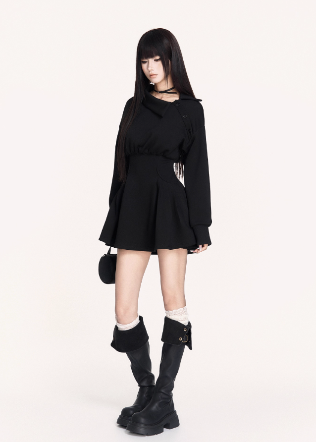 dark off shoulder dress, puffy skirt mini dress, VOCK winter dress, gothic waist slim dress, asymmetrical combat dress, dark femme street style dress, long sleeve off shoulder mini, edgy winter hot girl outfit, structured waist sweatshirt dress, black gothic mini dress, brown dark street dress, punk girl dress, VOCK aesthetic clothing, winter street fashion dress, slim puffy skirt dress, combat chic mini dress