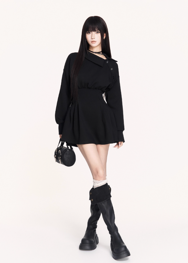 dark off shoulder dress, puffy skirt mini dress, VOCK winter dress, gothic waist slim dress, asymmetrical combat dress, dark femme street style dress, long sleeve off shoulder mini, edgy winter hot girl outfit, structured waist sweatshirt dress, black gothic mini dress, brown dark street dress, punk girl dress, VOCK aesthetic clothing, winter street fashion dress, slim puffy skirt dress, combat chic mini dress