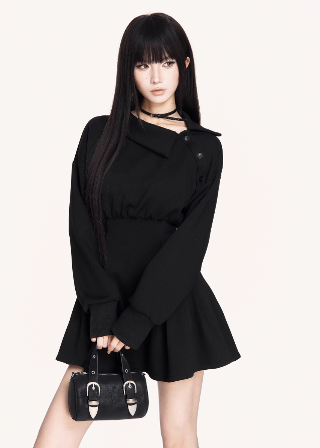 dark off shoulder dress, puffy skirt mini dress, VOCK winter dress, gothic waist slim dress, asymmetrical combat dress, dark femme street style dress, long sleeve off shoulder mini, edgy winter hot girl outfit, structured waist sweatshirt dress, black gothic mini dress, brown dark street dress, punk girl dress, VOCK aesthetic clothing, winter street fashion dress, slim puffy skirt dress, combat chic mini dress