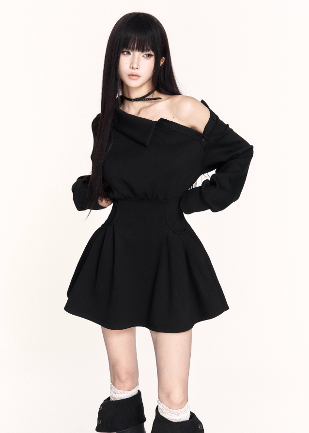 dark off shoulder dress, puffy skirt mini dress, VOCK winter dress, gothic waist slim dress, asymmetrical combat dress, dark femme street style dress, long sleeve off shoulder mini, edgy winter hot girl outfit, structured waist sweatshirt dress, black gothic mini dress, brown dark street dress, punk girl dress, VOCK aesthetic clothing, winter street fashion dress, slim puffy skirt dress, combat chic mini dress