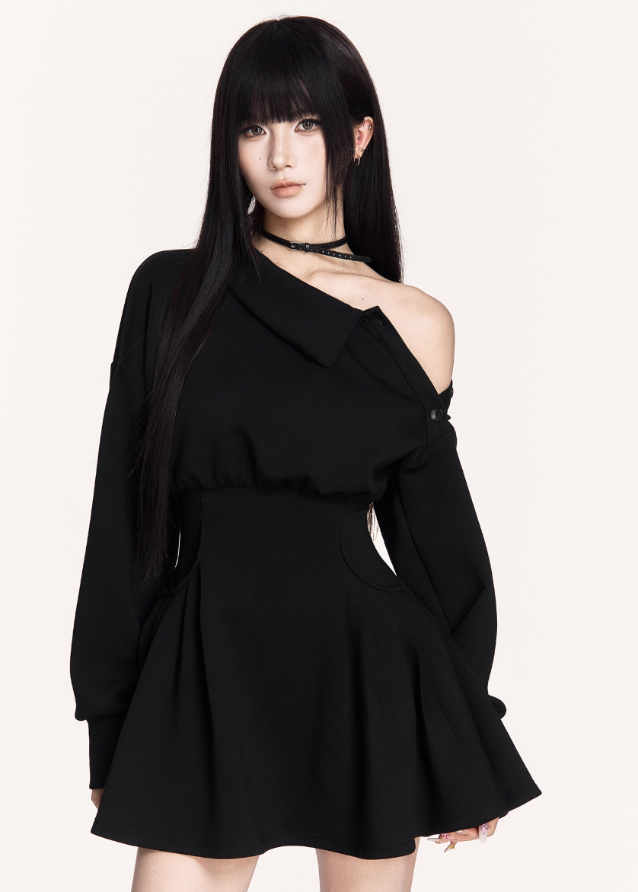 dark off shoulder dress, puffy skirt mini dress, VOCK winter dress, gothic waist slim dress, asymmetrical combat dress, dark femme street style dress, long sleeve off shoulder mini, edgy winter hot girl outfit, structured waist sweatshirt dress, black gothic mini dress, brown dark street dress, punk girl dress, VOCK aesthetic clothing, winter street fashion dress, slim puffy skirt dress, combat chic mini dress