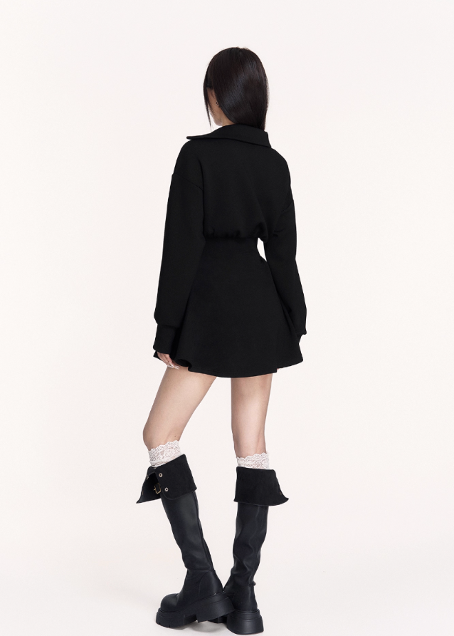 dark off shoulder dress, puffy skirt mini dress, VOCK winter dress, gothic waist slim dress, asymmetrical combat dress, dark femme street style dress, long sleeve off shoulder mini, edgy winter hot girl outfit, structured waist sweatshirt dress, black gothic mini dress, brown dark street dress, punk girl dress, VOCK aesthetic clothing, winter street fashion dress, slim puffy skirt dress, combat chic mini dress